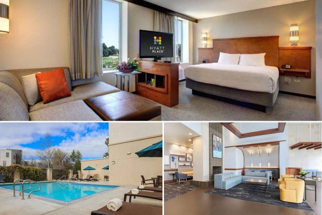 A collage of three hotel photos to stay in Sacramento: a comfortable living area with a large sectional sofa, a serene hotel pool with sun loungers, and a spacious hotel lobby with modern furnishings and art